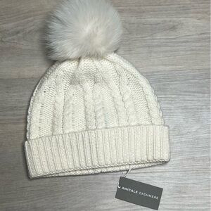Amicale Cashmere Shearling Pom Cashmere Beanie in Ivory NWT